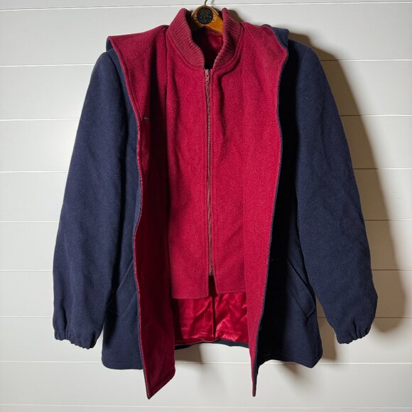 Vintage Authentic macKintosh Vest Wool Coat Navy with Red Leather Buttons Sz 14 - Picture 9 of 12